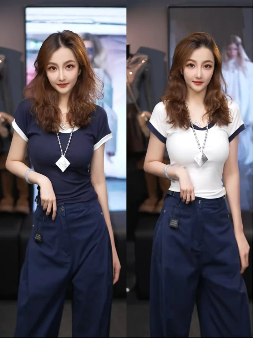 星宝同款美式撞色拼接短袖T恤女夏季修身显瘦百搭别致绝美上衣潮