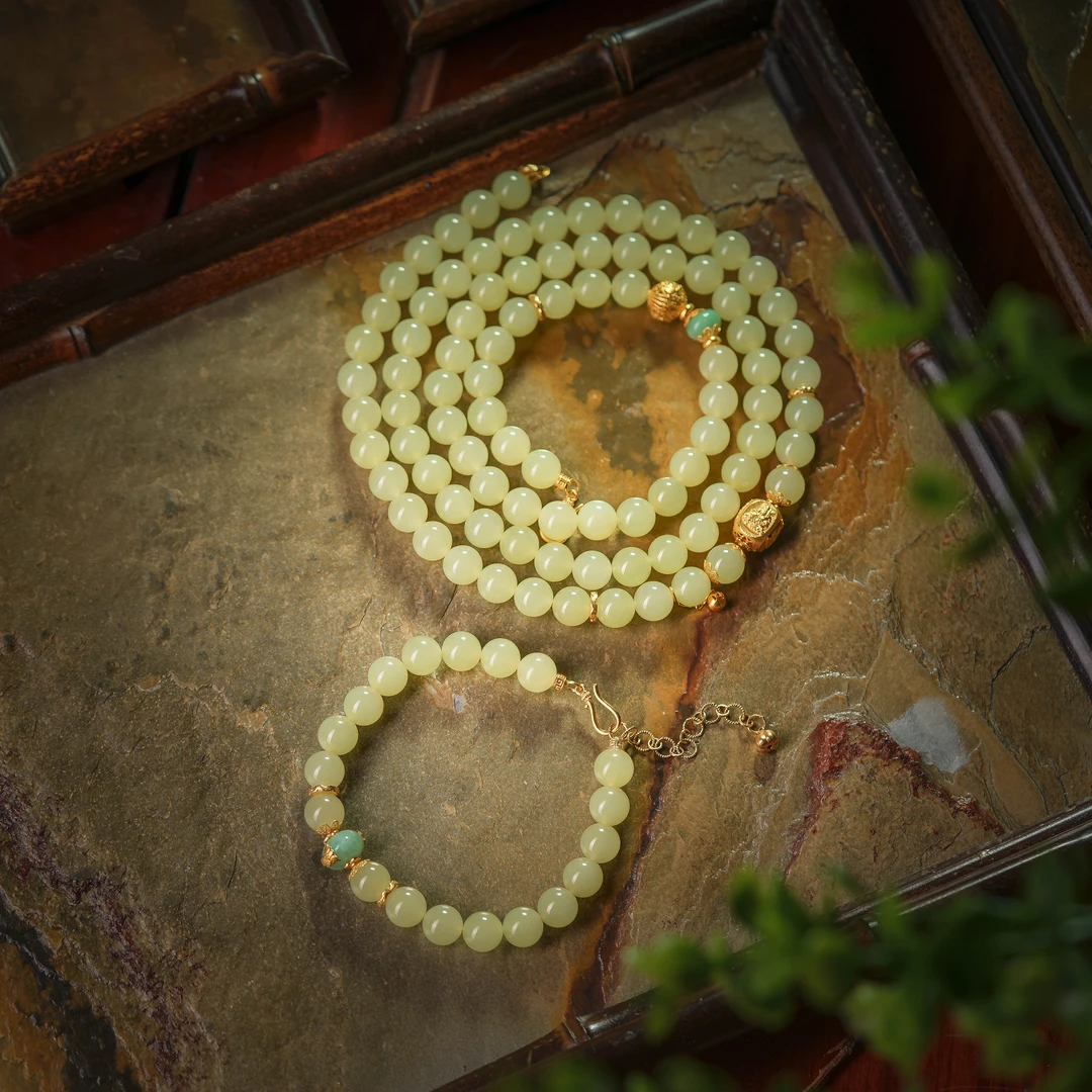 秋荷·传世级和田玉黄玉老料18K金108珠多戴项链AD1674约7-8mm