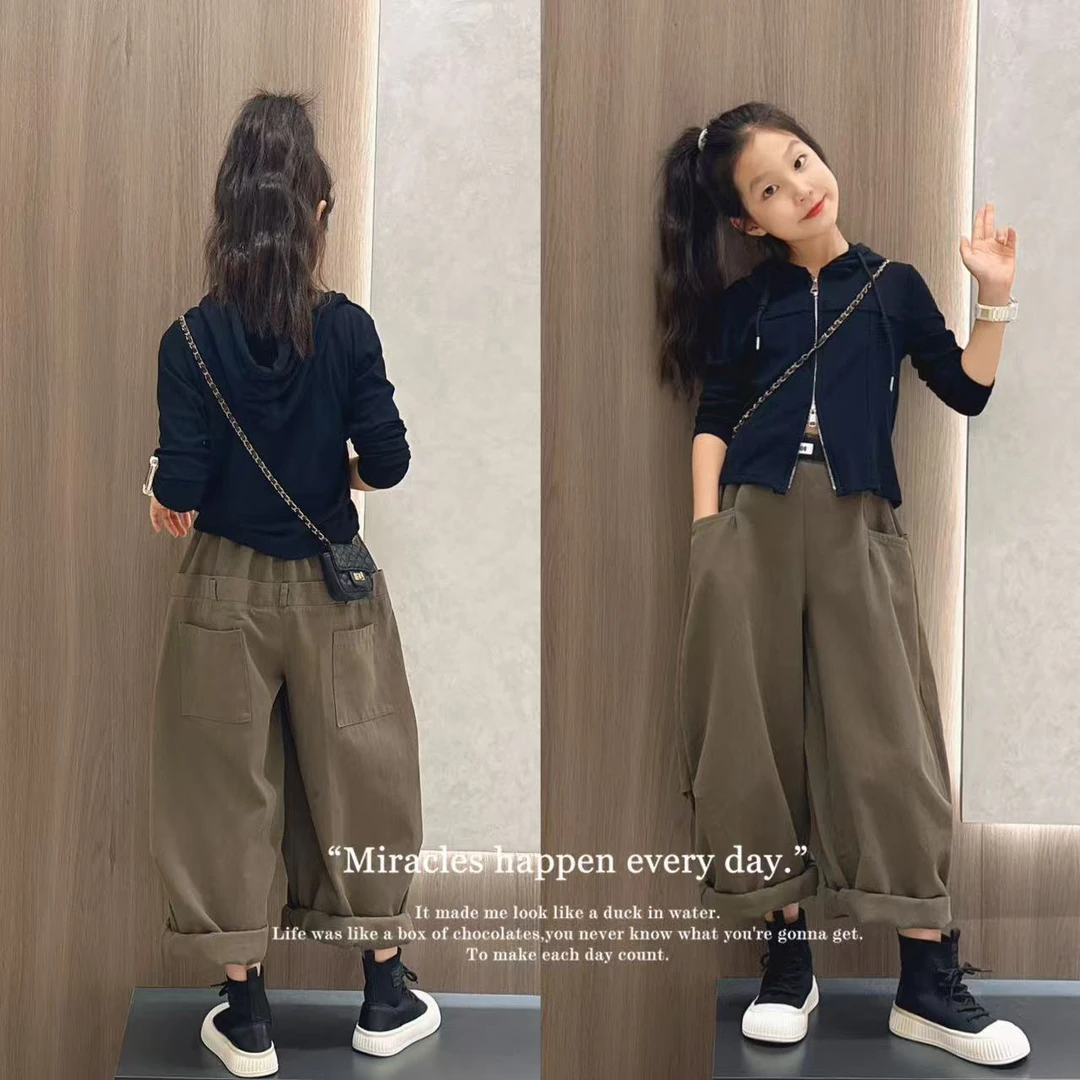 女童春秋季工装裤套装2025新款潮酷女大童秋装儿童韩系卫衣阔腿裤