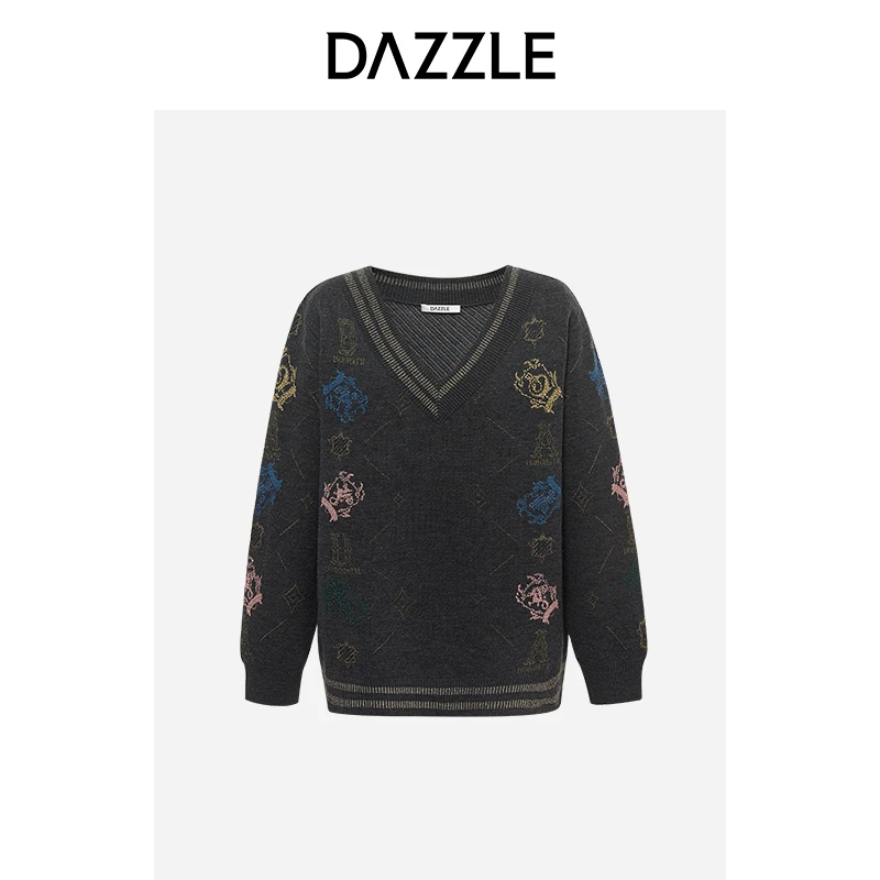 专选DAZZLE地素法式慵懒V领提花针织毛衣2E3E4326G