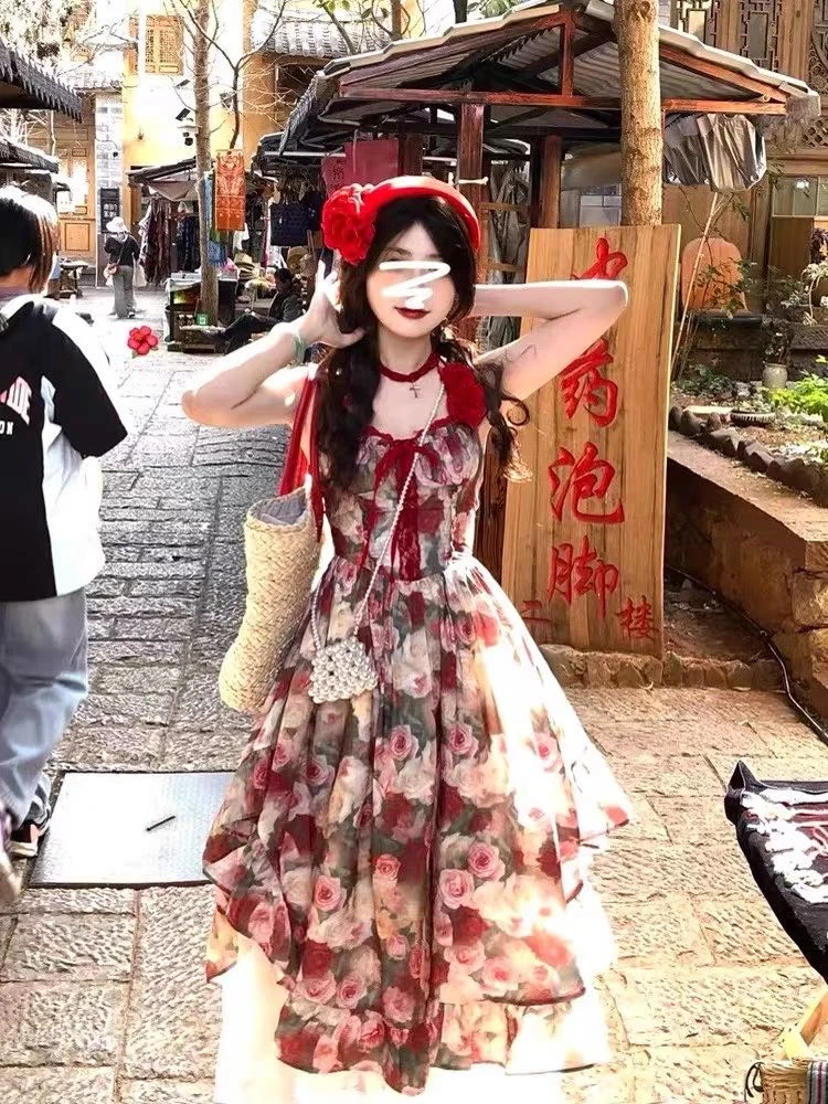 琳琳家法式油画玫瑰不规则连衣裙