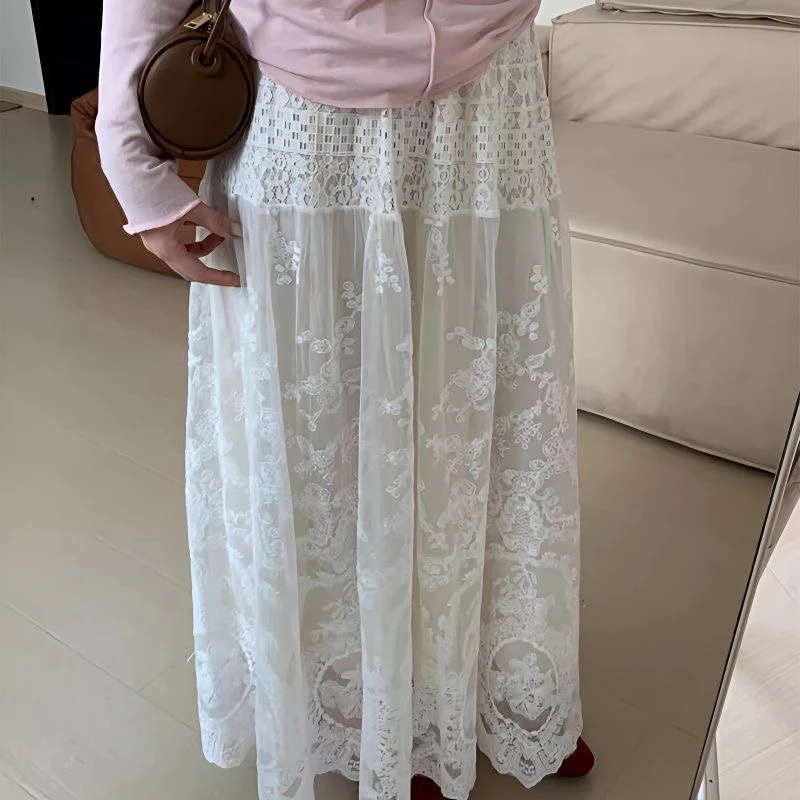 新中式国风蕾丝半裙2025春季新款女装高腰气质纯色半身裙褶皱长裙