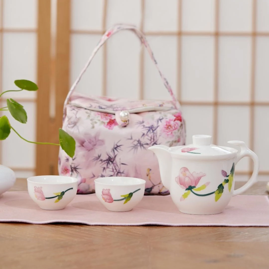 满堂春手绘侧壶便携式户外旅行泡茶茶具一壶两杯大容量女士专用