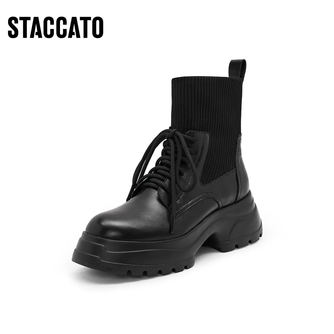 思加图超模穿搭冬季针织奶油弹力袜靴厚底增高短靴女靴X7301DD3