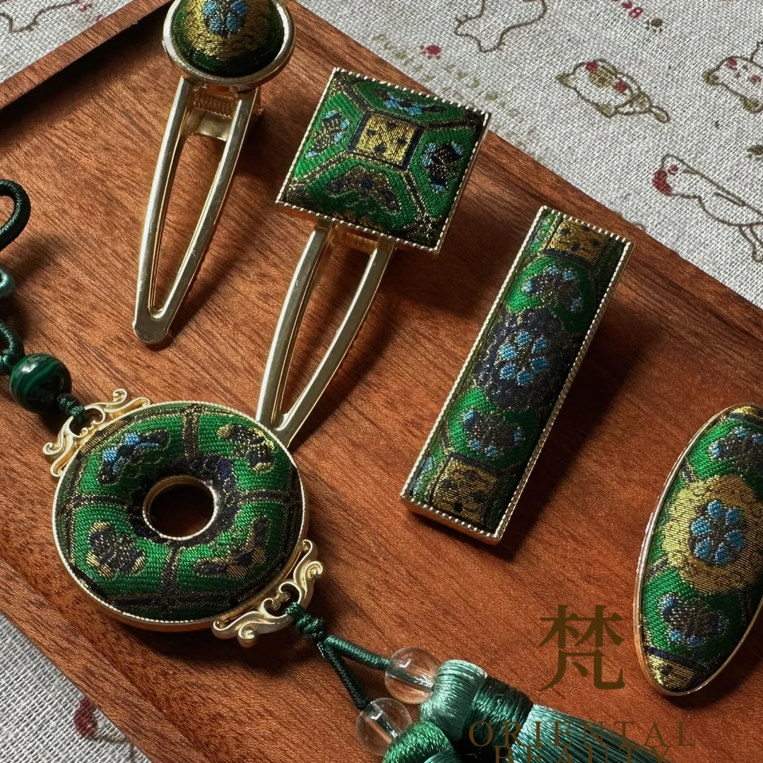 宋锦绿色四达纹锦古典百搭手工布艺发卡挂坠复古新中式国风