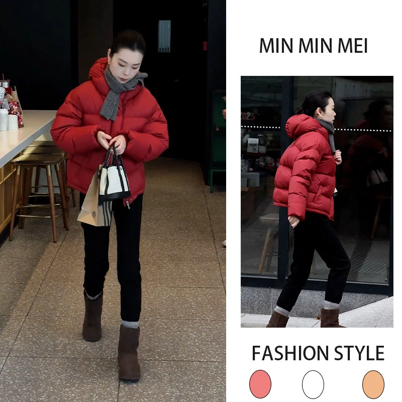 2025年新款时尚一整套红色喜庆连帽加厚棉服外套搭配休闲裤两件套