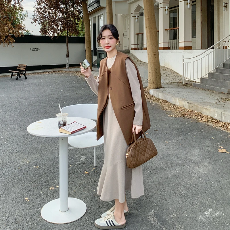 韩系西装马甲连衣裙女开春2025新款慵懒风宽松休闲卫衣裙两件套装