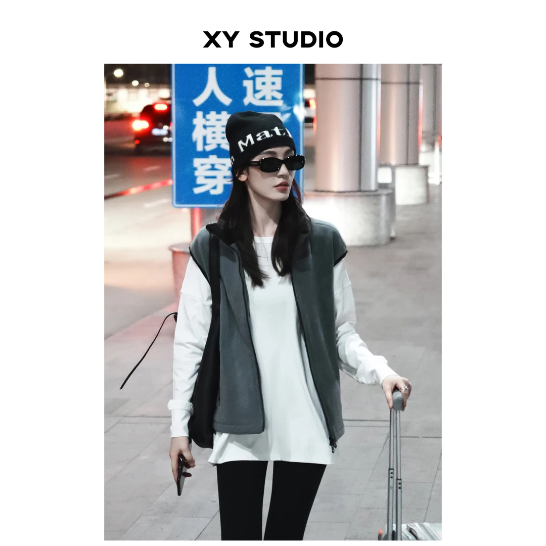 秋冬马甲显瘦简约双面摇粒绒拉链立领宽松休闲百搭保暖背心套装