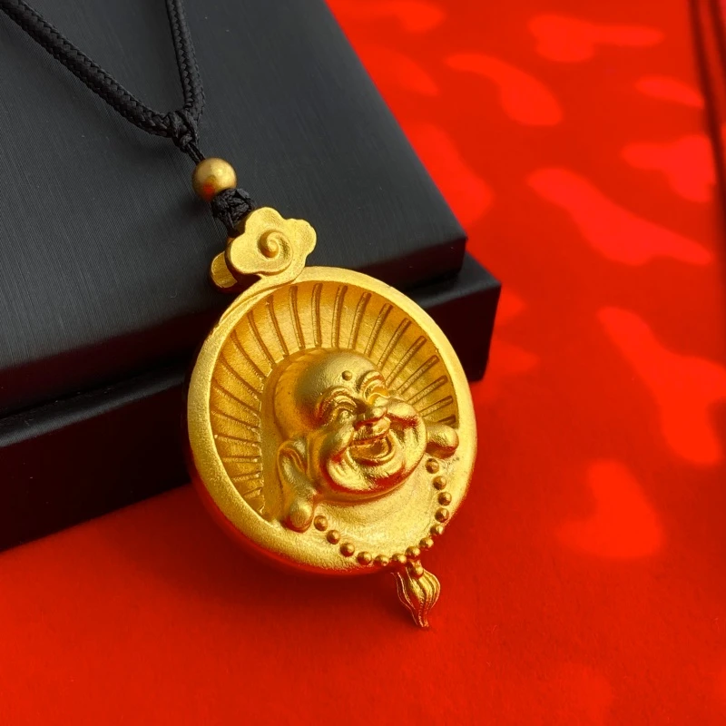 合金项链 古法金色弥勒佛吊坠双面雕刻实心笑口常开笑佛挂件