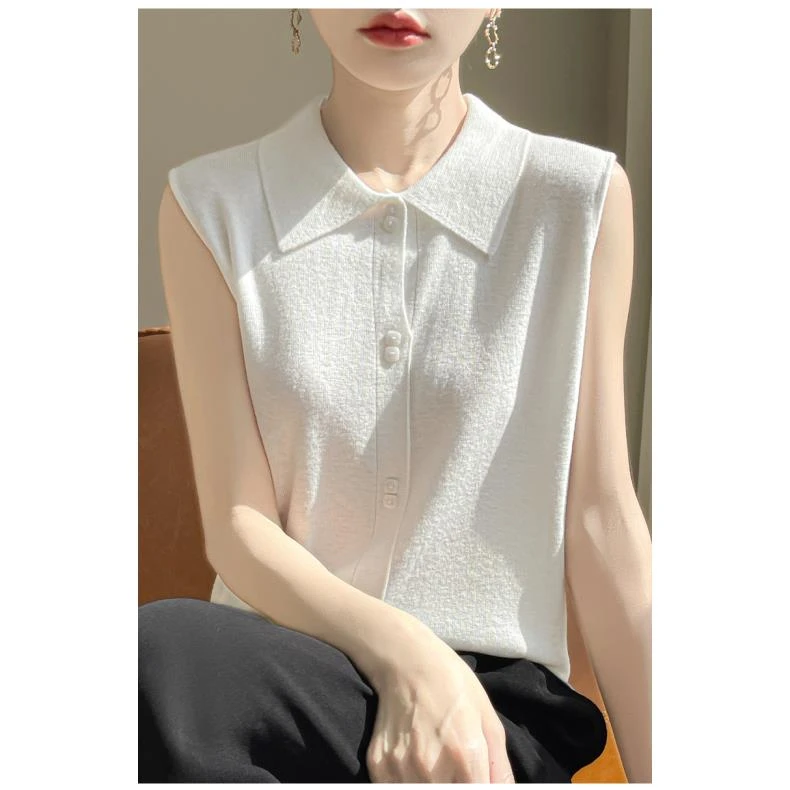 【叠穿伴侣】 春夏款衬衫领设计精纺羊毛无袖背心内搭针织衫