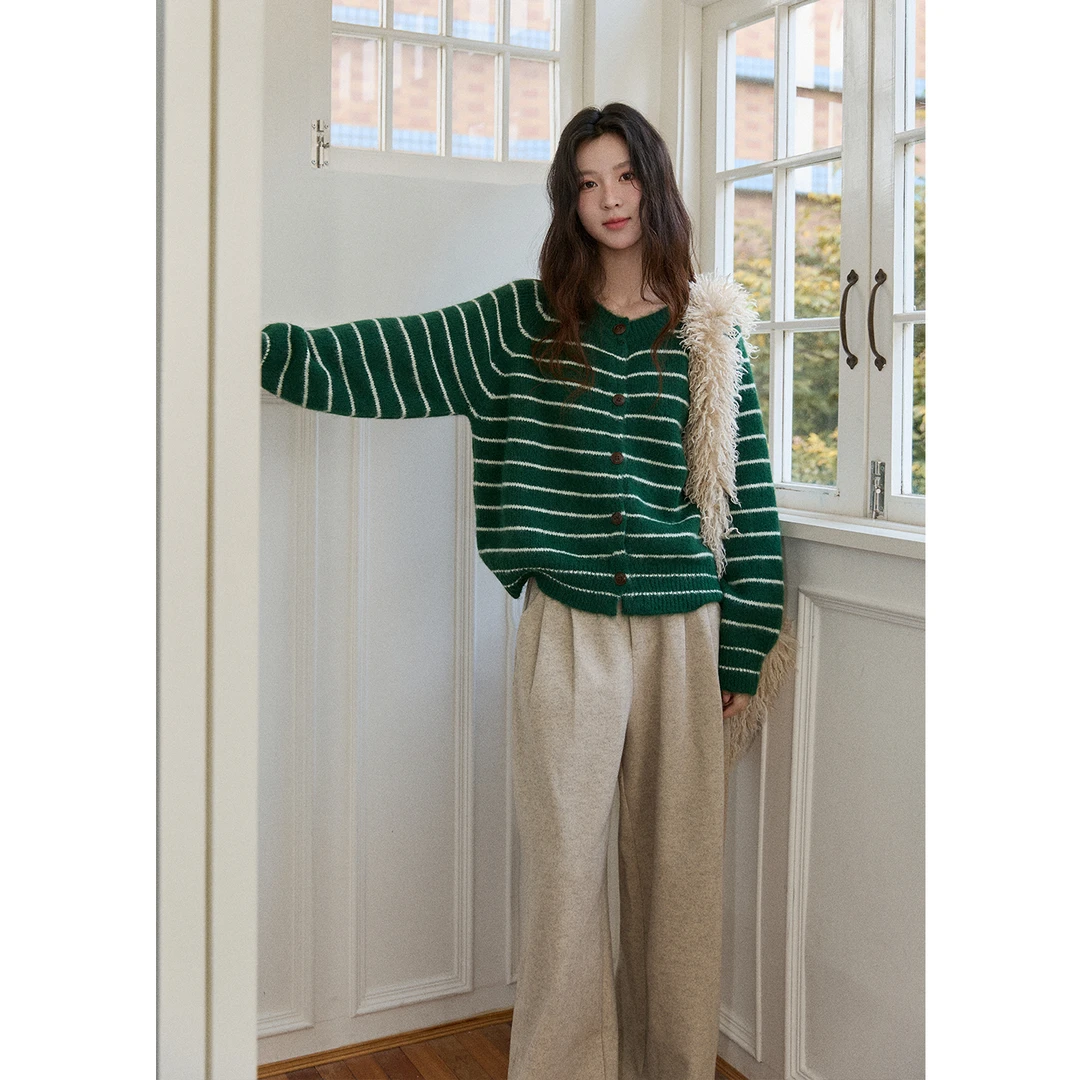 谜秀新秋冬绿条纹针织开衫羊毛混纺宽松复古慵懒风毛衣外套