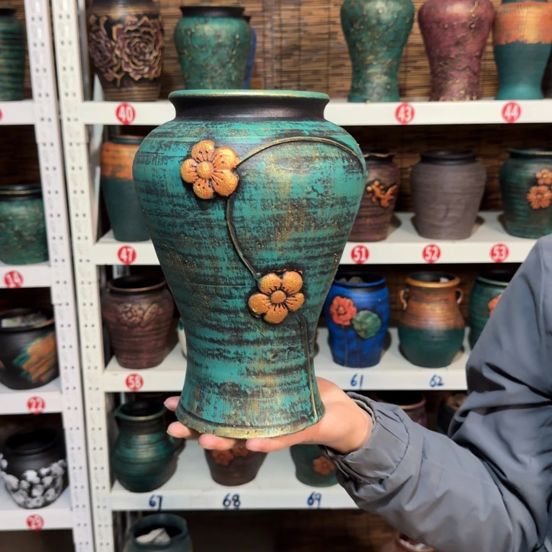 红陶红陶浮雕花盆炸炸炸