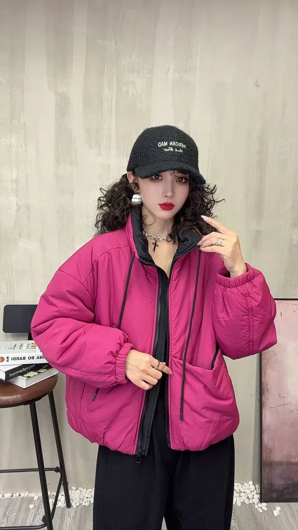【加绒加厚】冬季新款休闲宽松韩版加厚立领防风女式棉服外套25158