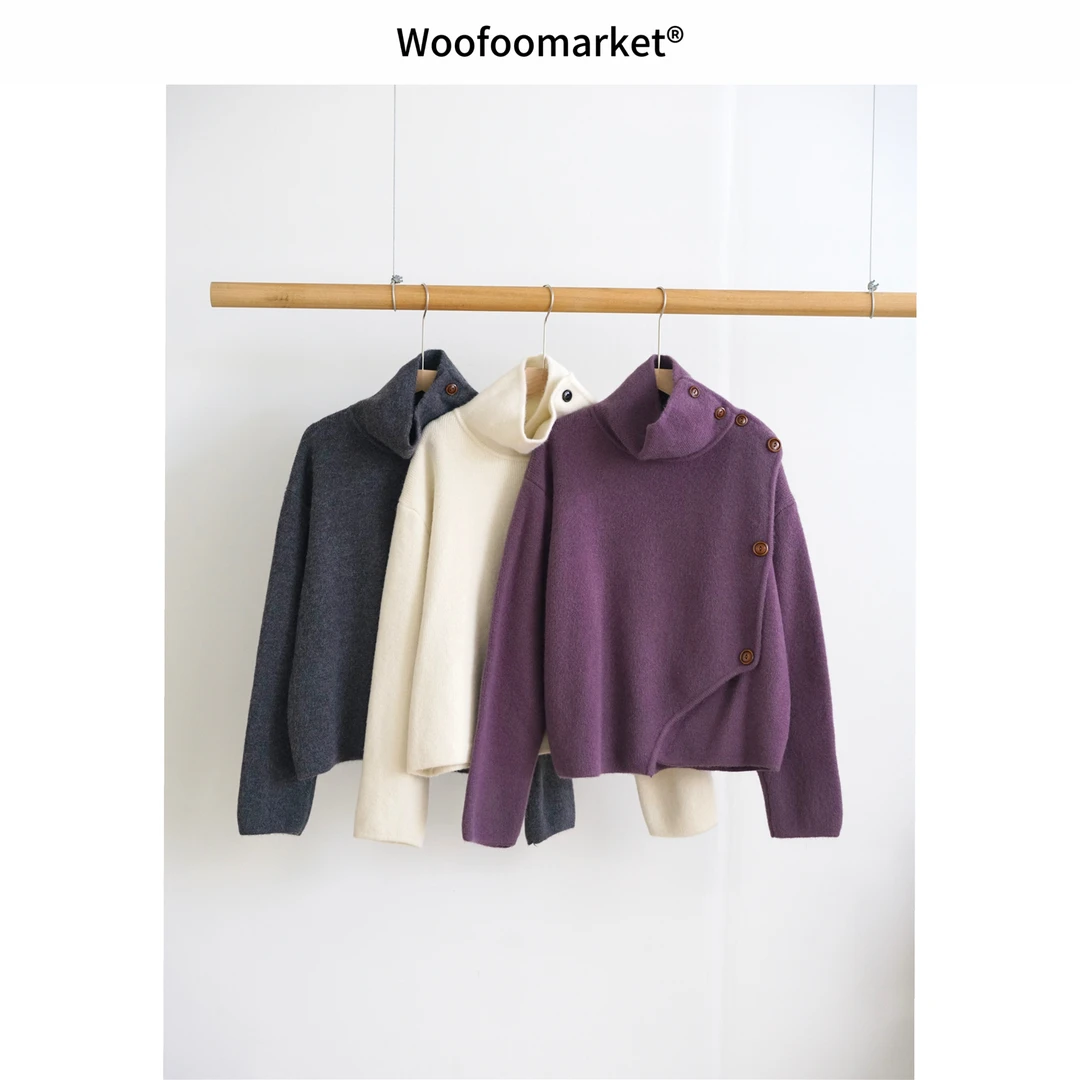 【海街日集】翻领不规则门襟长袖毛衣外套女冬季 AWMY401