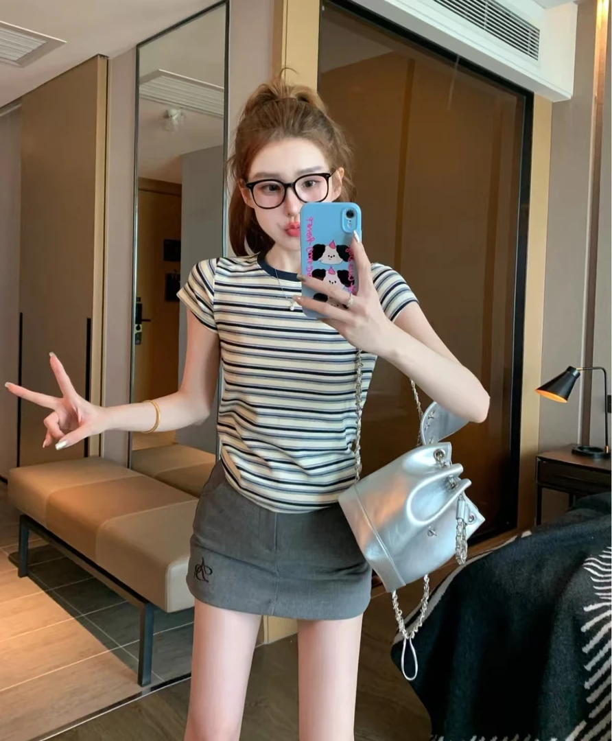 复古百搭条纹正肩圆领短袖T恤女减龄撞色修身棉上衣女 运补6-8