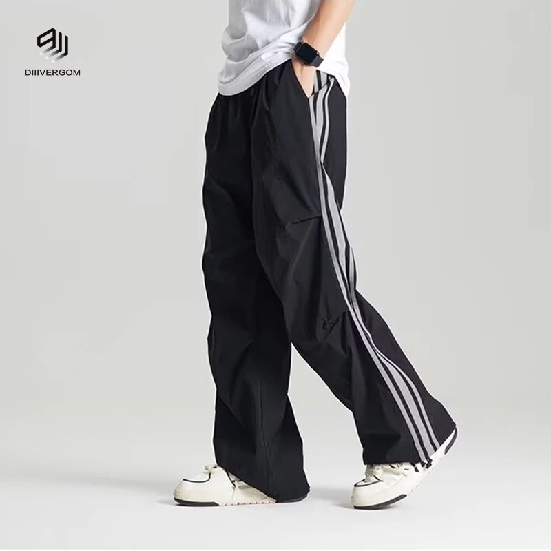 DIIIVERGOM嘻哈欧美复古阔脚长裤子男宽松设计感折叠侧边条纹运动