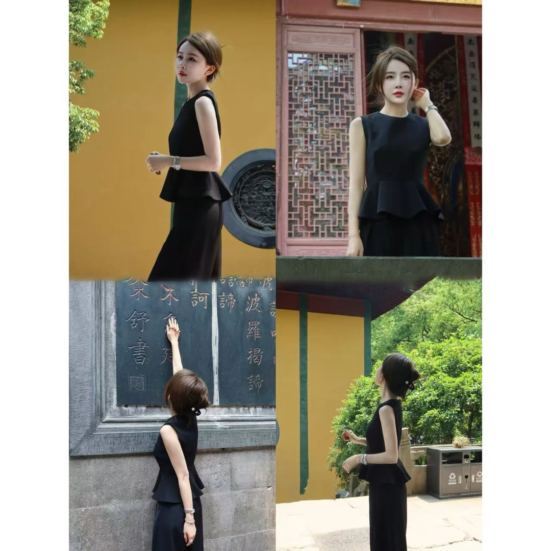 黑色赫本荷叶边无袖上衣套装女夏季新款时尚气质休闲阔腿裤两件套