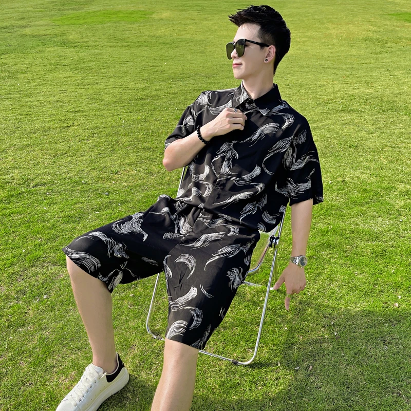 休闲时尚男士套装夏季2025新款高级感花色短袖衬衫男装短裤一整套