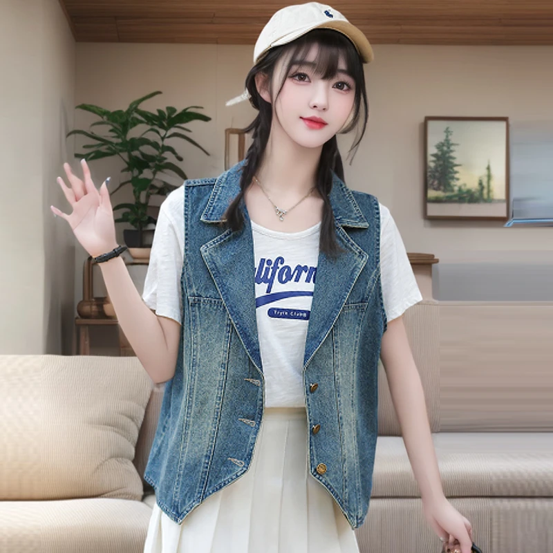 2025春秋新款复古牛仔马甲西装领外套女无袖坎肩开衫马夹上衣背心