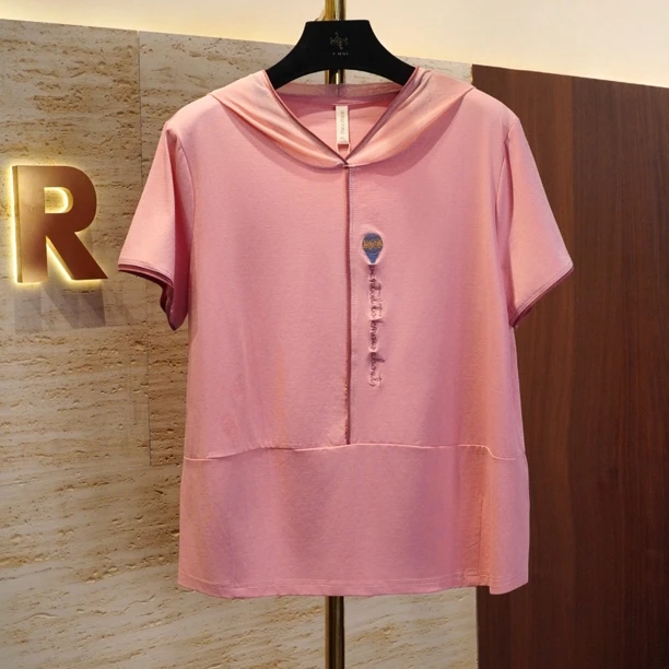 【粉色热气球刺绣连帽短袖】夏季舒适显瘦减龄重工短袖T恤女式上衣