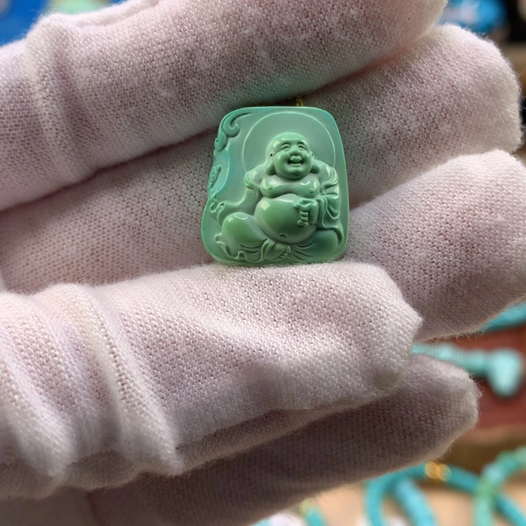 绿松石未镶嵌珠宝奇石菜籽绿弥勒佛16.2*18.1mm