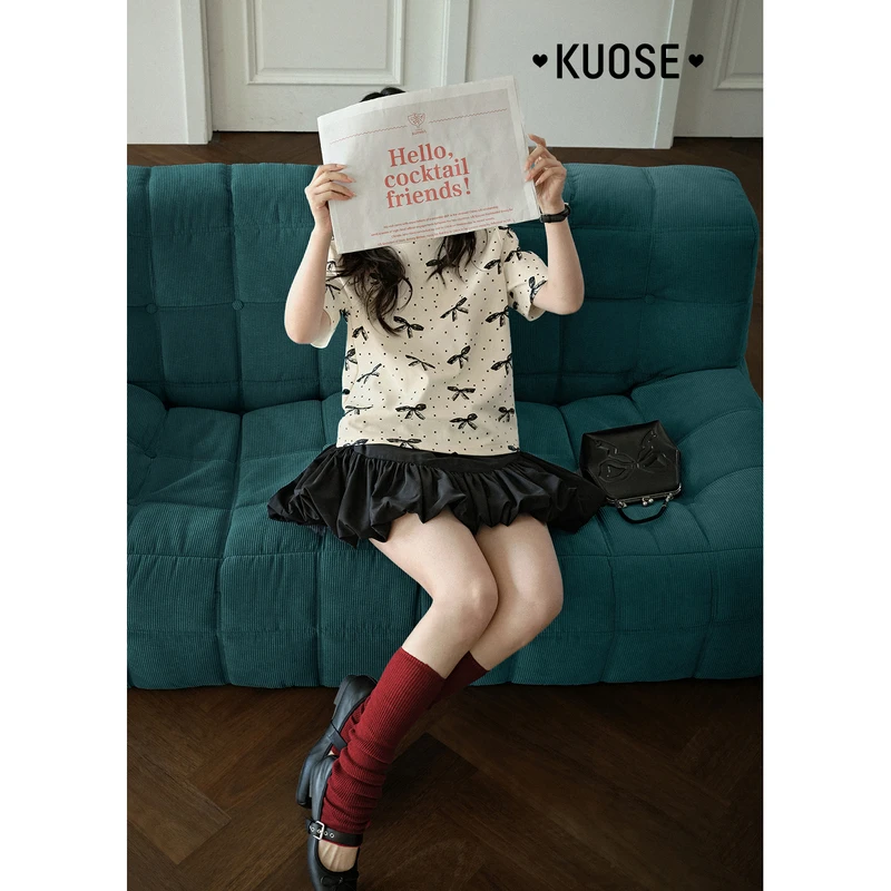 阔色波点蝴蝶结印花短袖上衣2025春季新少女感半袖T恤KSD2503005