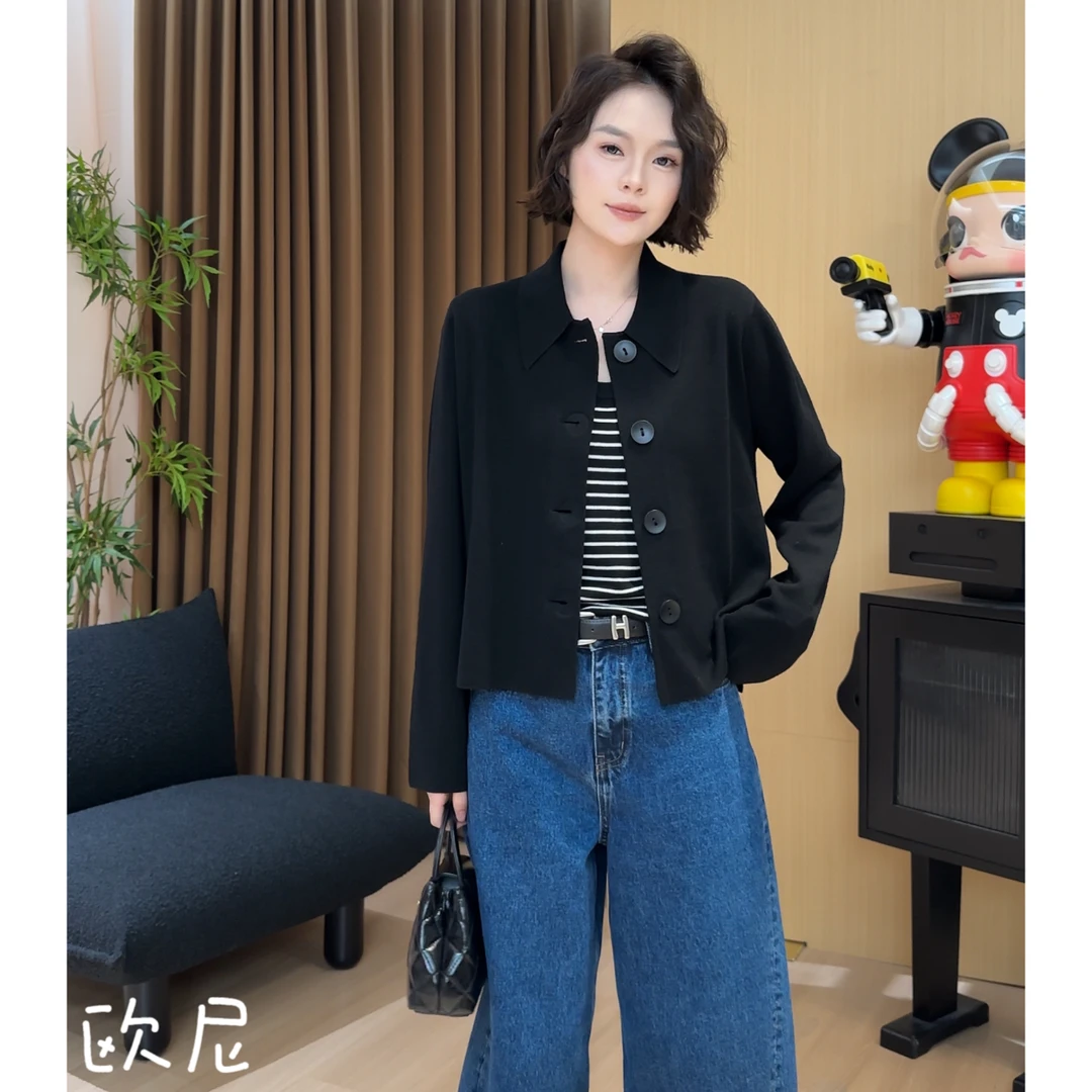 欧尼私服 2025早秋新款纯色polo领设计气质感开衫上衣2508C4323