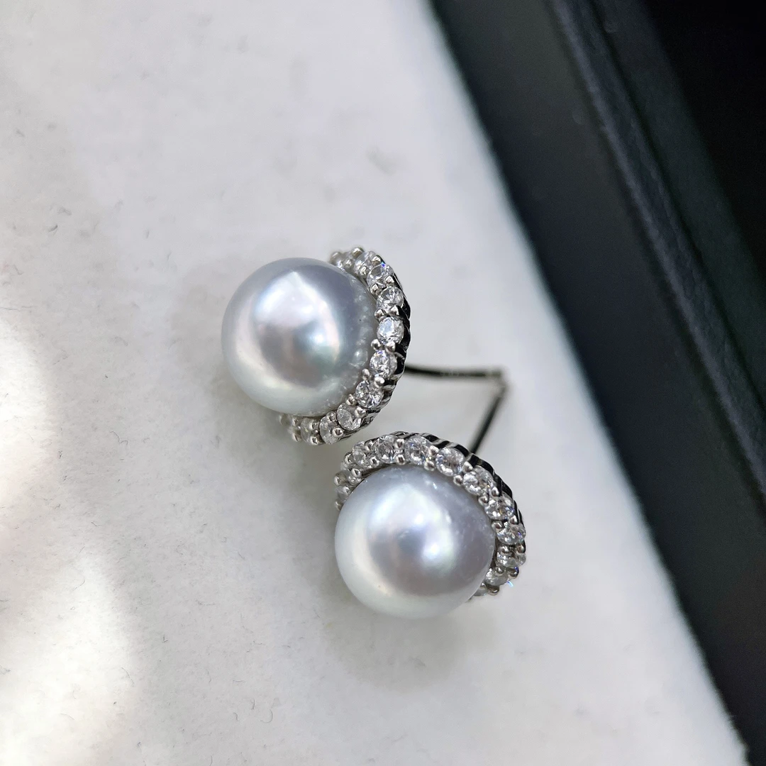 海水澳白珍珠 S925银太阳花款珍珠耳钉9-10MM R076