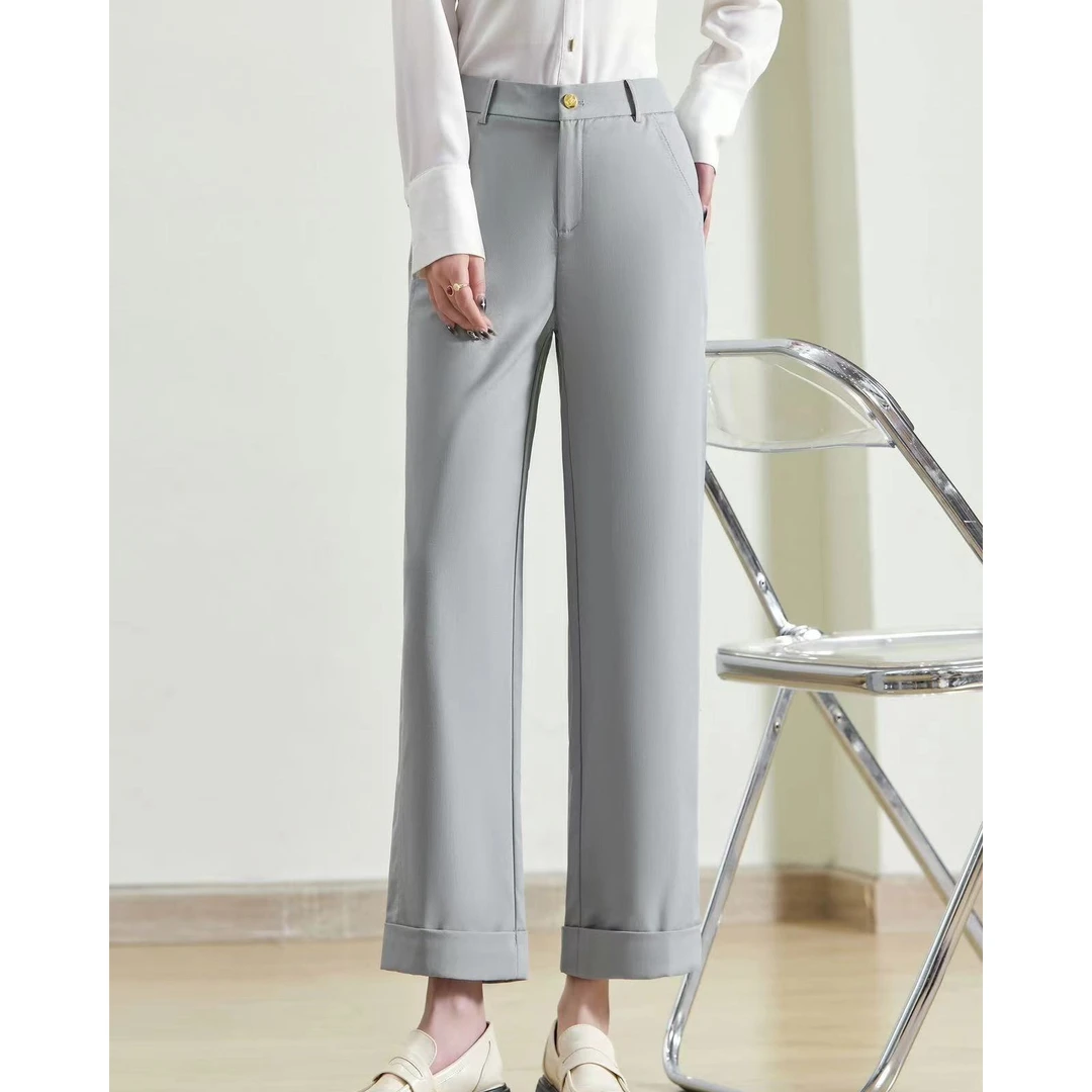 shulanduo/数兰朵纯色小直筒~天丝棉高端定染女士直筒卷边休闲裤