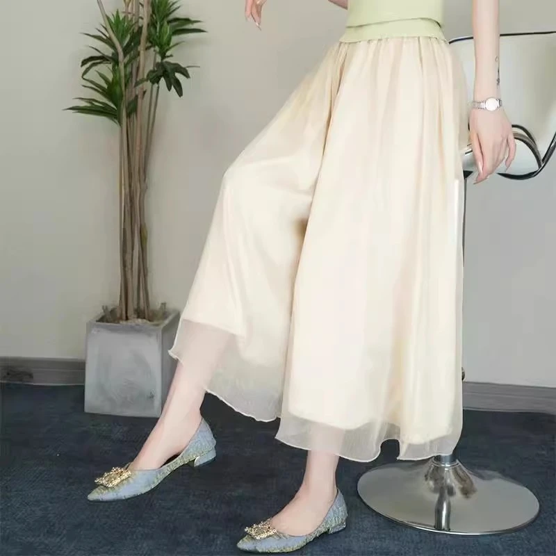 高级感飘逸流光裙裤休闲高腰垂感宽松阔腿裤2025新款夏天裤子薄款