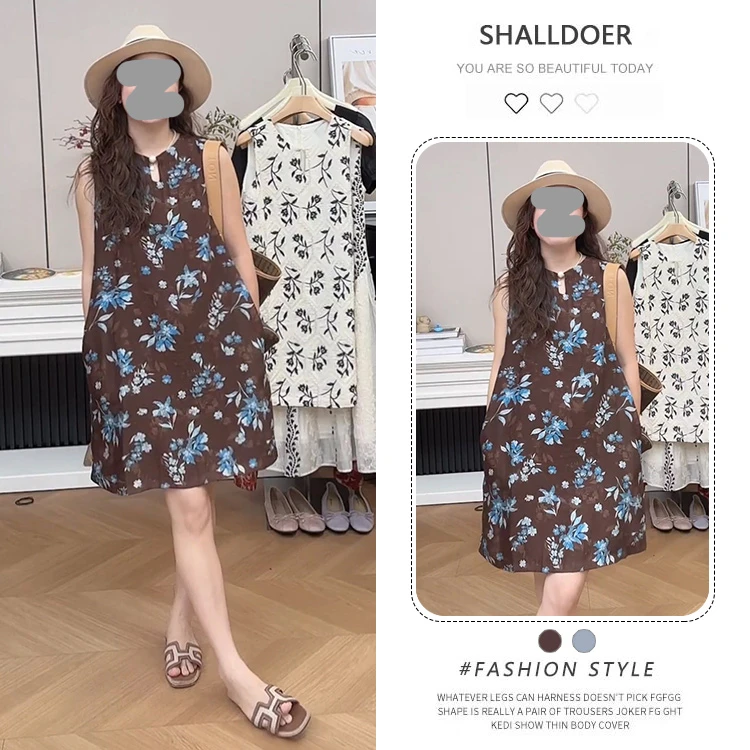 港风复古减龄无袖碎花连衣裙女2025夏季新款收腰显瘦V领背心裙子