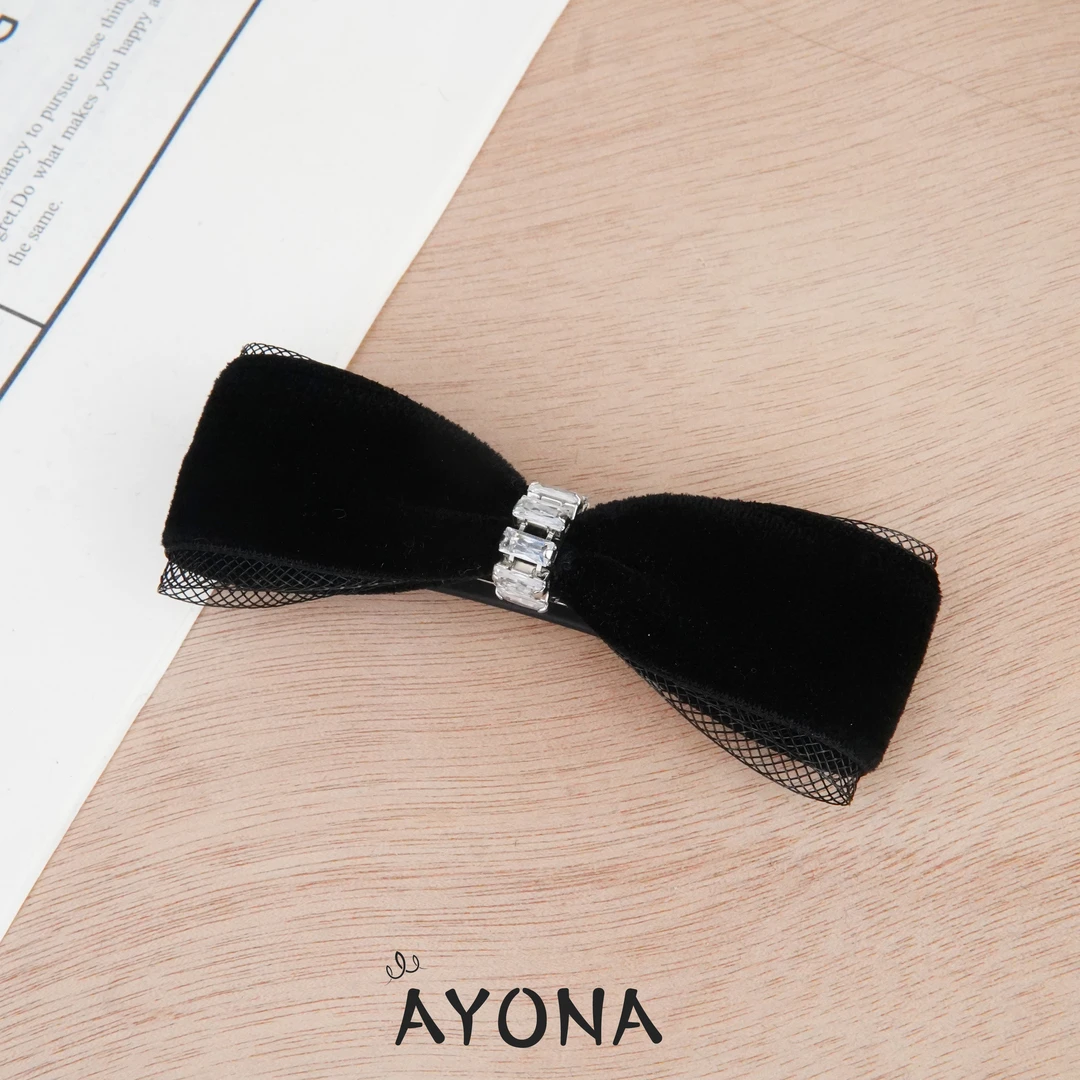 【TH008】高端丝绒鱼骨经典小蝴蝶结发夹百搭马尾头饰秋冬半扎边夹