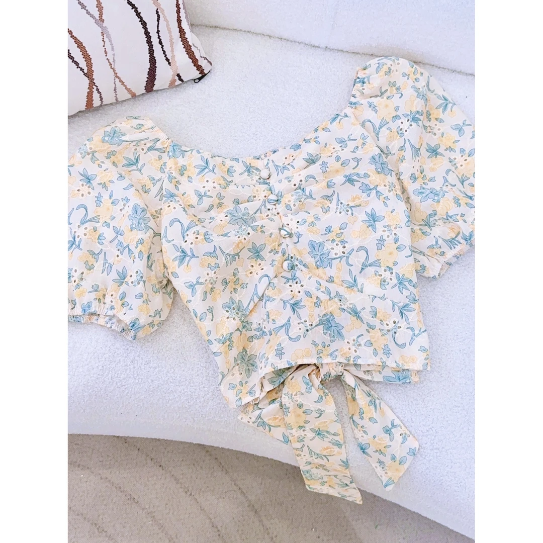 丨夏季新款黄色碎花泡泡袖蝴蝶结系带衬衫 AL0794