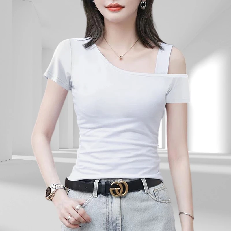 短袖T恤女2025新款夏季纯色单肩高级感街头轻职风时尚显瘦ins上衣