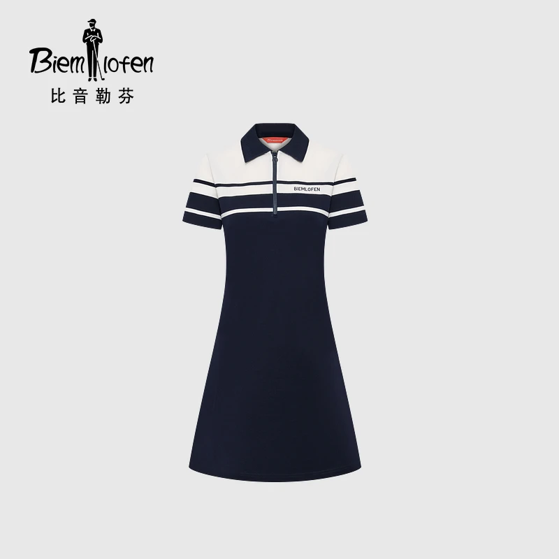 【功能棉】比音勒芬2025夏季新款女士裙子休闲条纹翻领短袖连衣裙