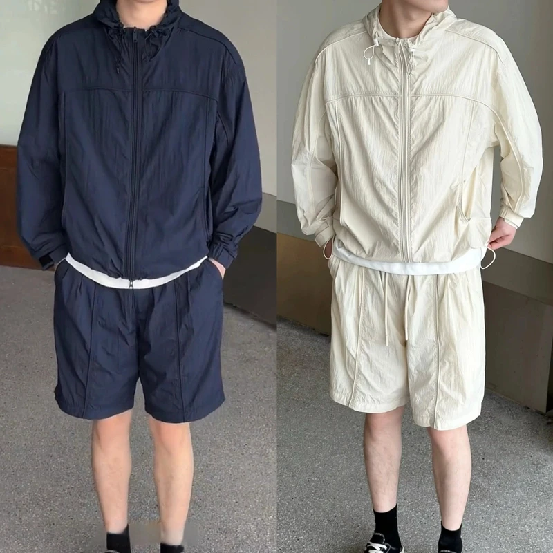 夏季新款潮牌休闲运动防晒套装宽松透气情侣款连帽外套短裤两件套