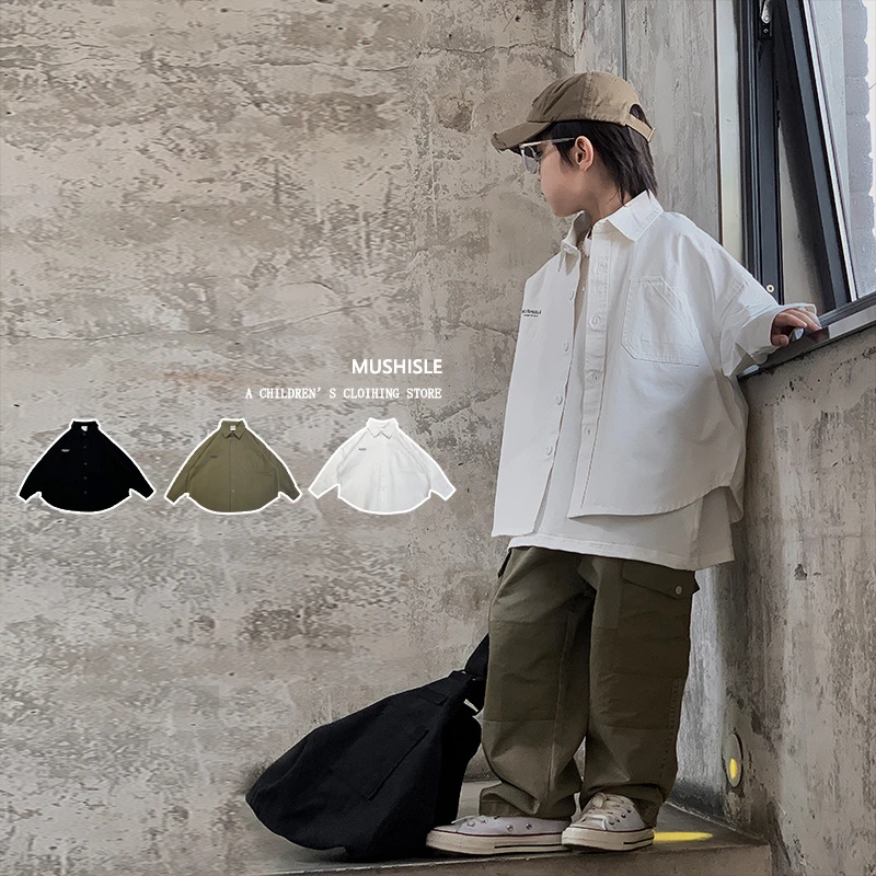 阿又春秋男童纽扣衬衫设计感复古上衣潮流儿童宽松百搭外套83137Q