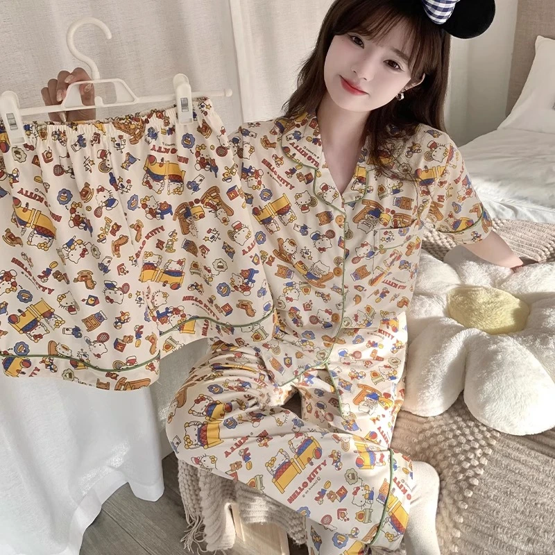 HelloKitty卡通春夏睡衣女可爱凯蒂猫秋夏开衫短袖三件套装家居服
