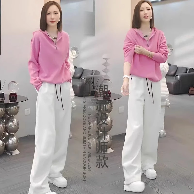 休闲运动套装女2025春夏季粉色连帽卫衣洋气阔腿裤减龄穿搭两件套