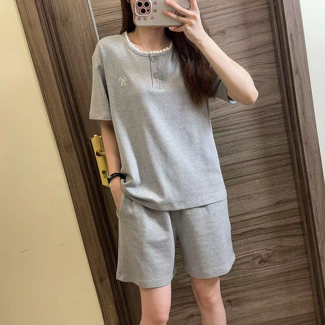 夏季女士圆领套头短袖短裤家居服纯棉睡衣女套装带胸垫可外穿花边