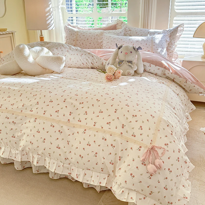 新法式碎花床上四件套100全棉纯棉床单花边少女被套公主风4