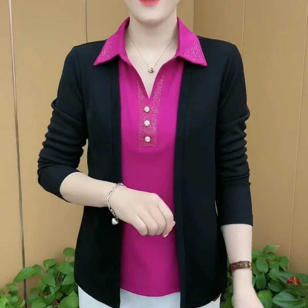 高档烫钻显瘦假两件上衣2025春夏季新款高贵妈妈装气质翻领小衫