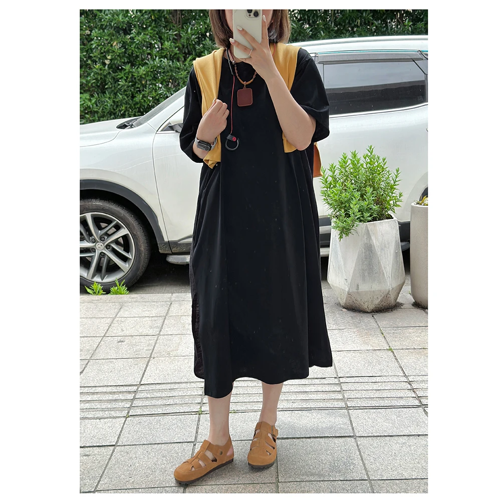 ZM831 夏季新款宽松中长款圆领短袖连衣裙女