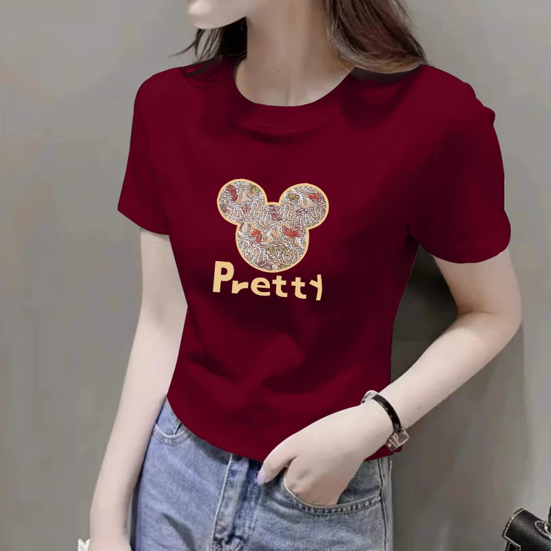 正肩短袖t恤女装夏季修身显瘦大码印花体恤胖mm洋气减龄上衣ins潮