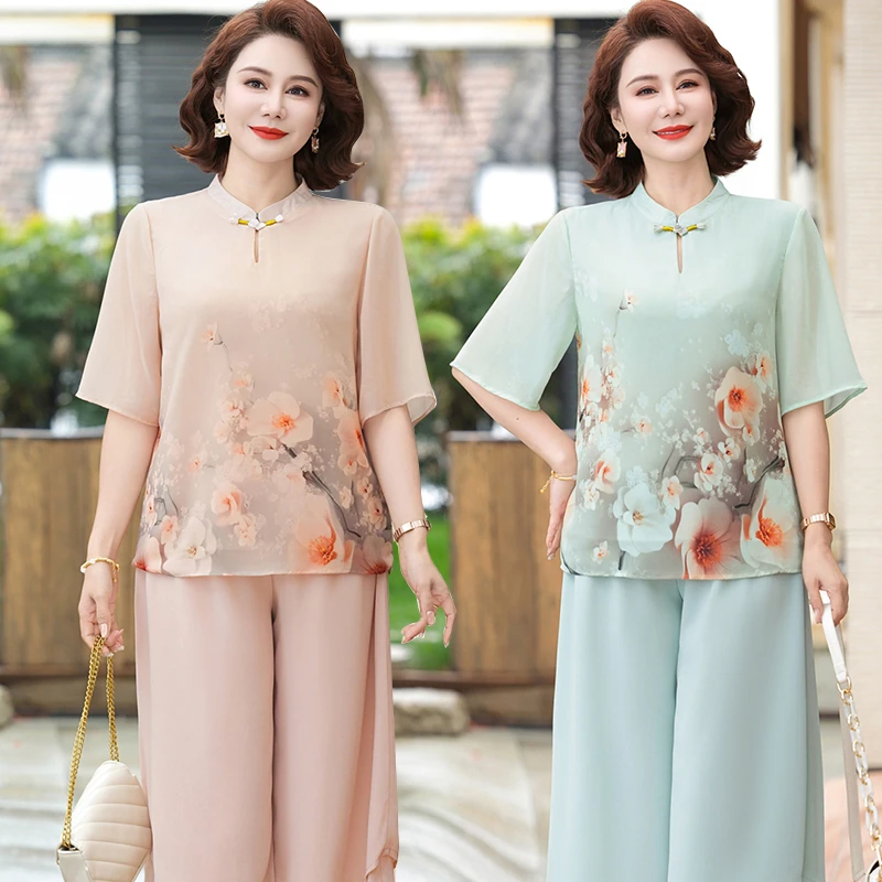 中年妈妈夏装套装洋气端庄大气40岁50中老年女夏装气质高贵两件套