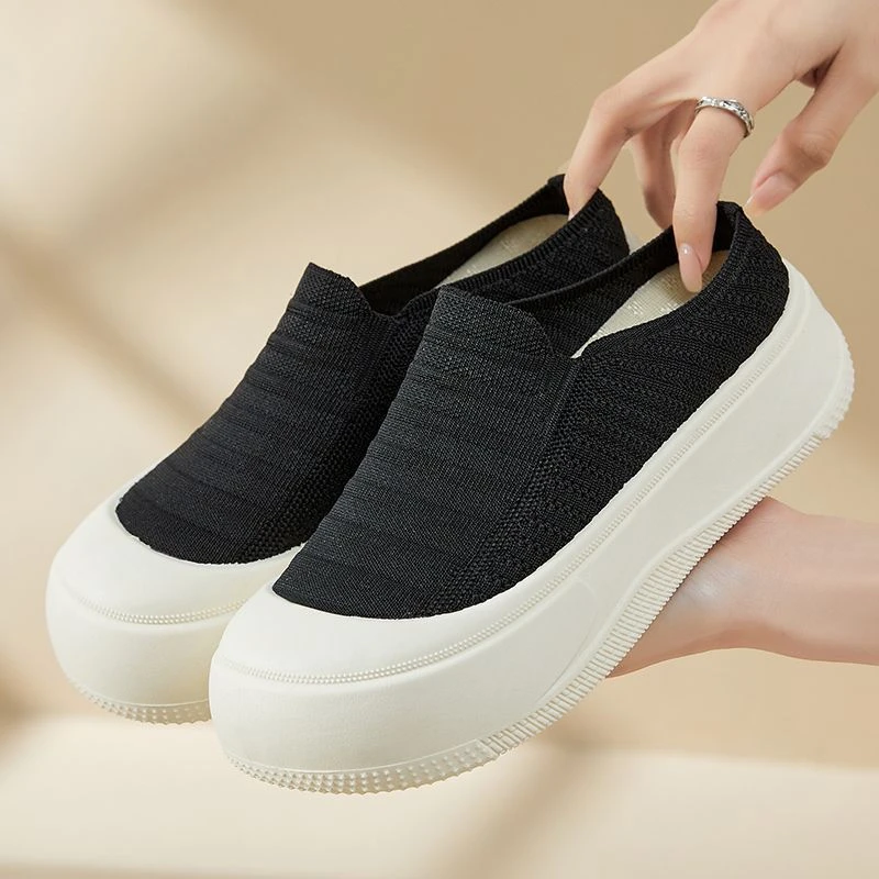 2025夏季厚底增高一脚蹬飞织透气女士半拖包头休闲鞋防滑软底拖鞋