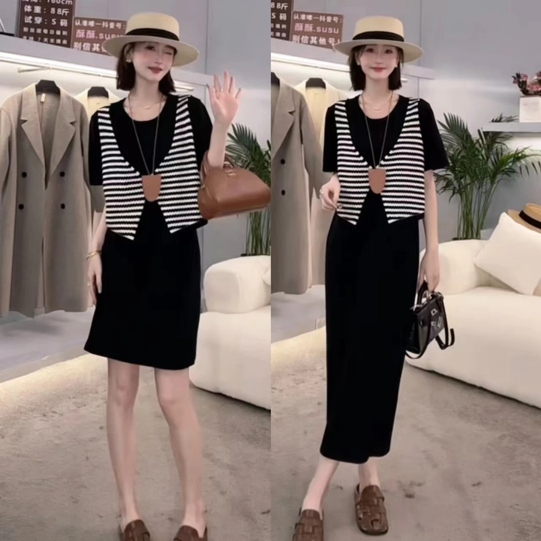 韩版时尚高级感轻奢洋气显瘦气质裙子假两件拼接连衣裙夏季针织女