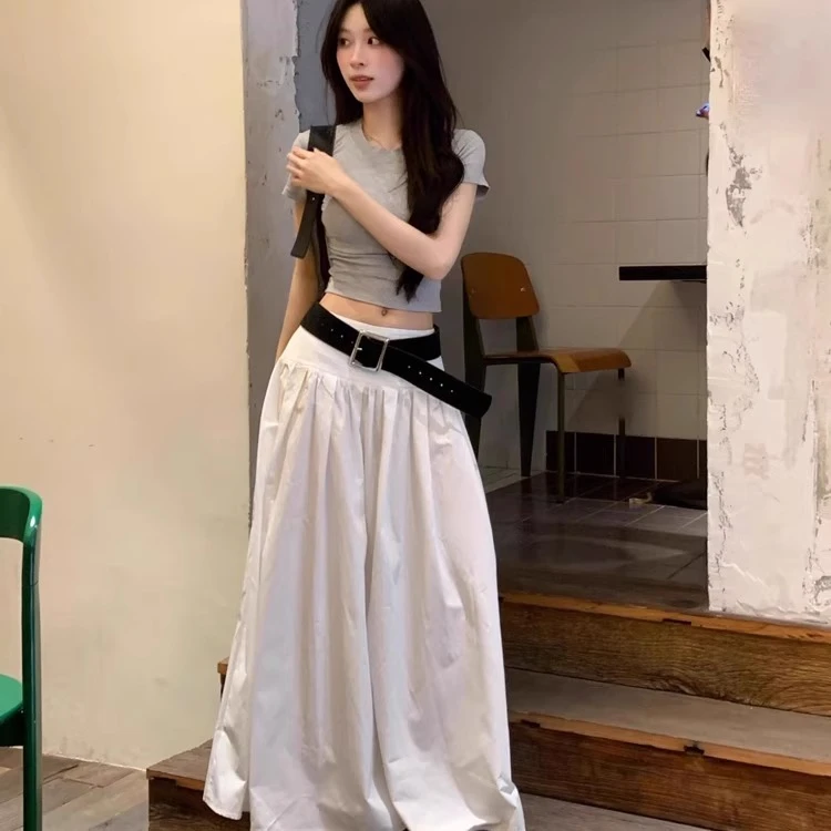 夏日绝美小裙子高级感韩系辣妹风宽松休闲高腰a字白色半身裙长裙