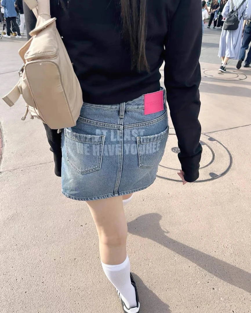 JCY新款韩国youh*甜心辣妹做旧字母印花水洗牛仔裙A字裙女原