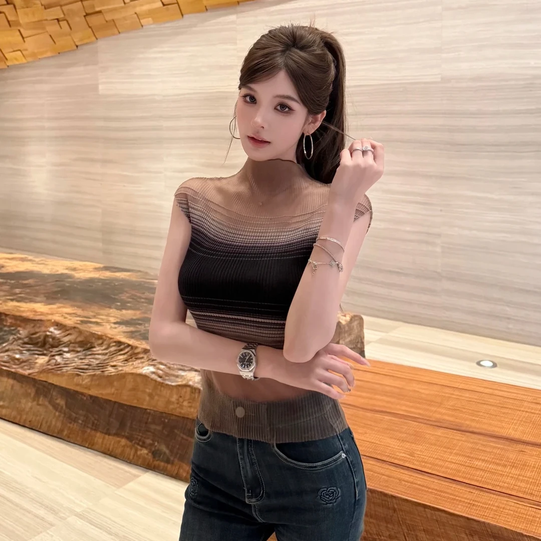 FAY【隐适美】透视网纱高弹力撞色针织包肩袖夏季针织上衣ins风